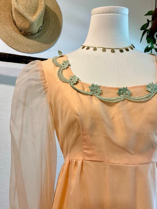 Vintage Dresses & Skirts - Vintage 60s Peach Green Floral Trim Princess Puffed Long Sleeve Dress Size Small